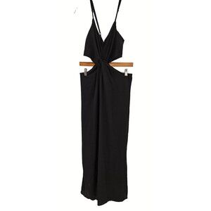 As You Wish Jumpsuit Sz L Black Wide Leg Cut Out Cross Over Knot Front Tie Back